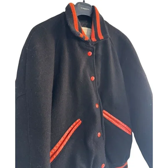 Vintage 90s DeLong Woman's Sz 36 (S) Varsity Bomber Jacket Black Orange Wool USA
